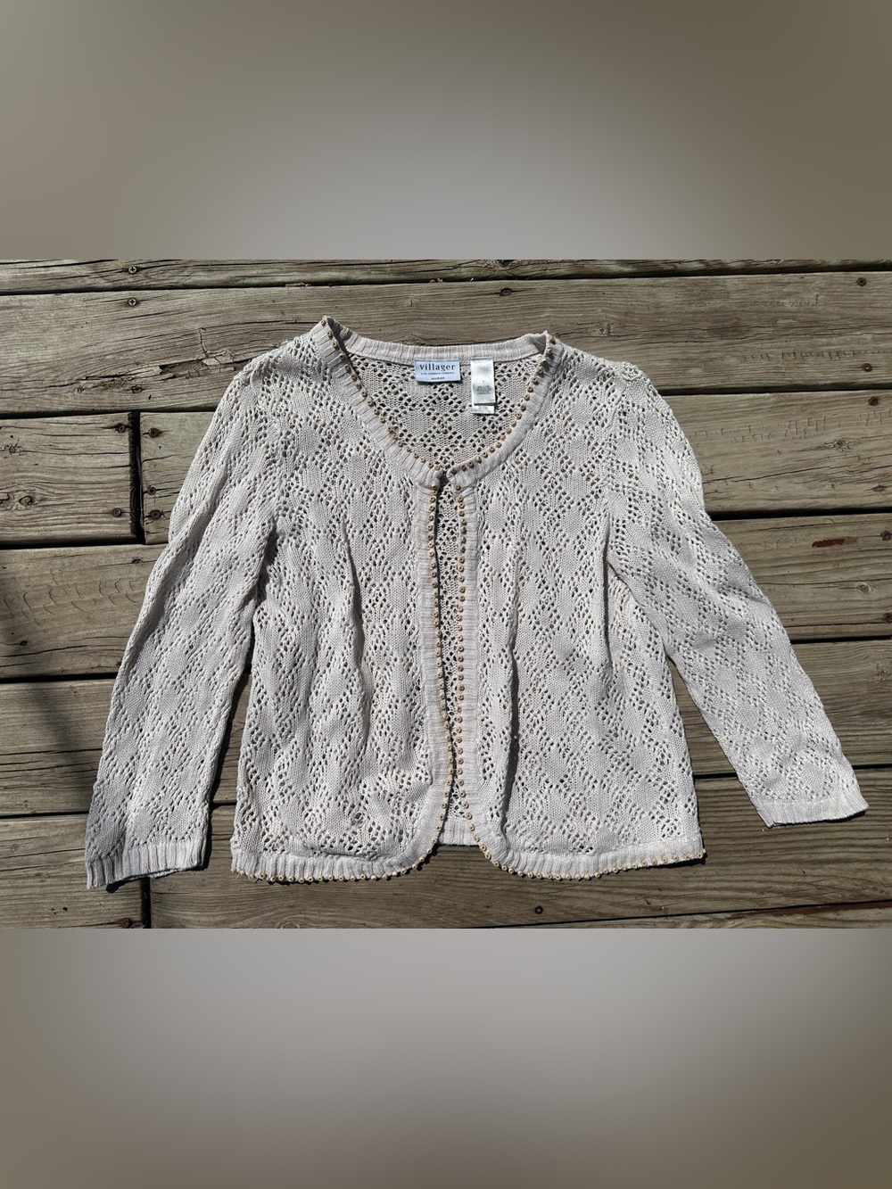 Vtg Boho Villager Liz Claiborne Cream knit cardigan with wooden beads, Sz 1(X)
